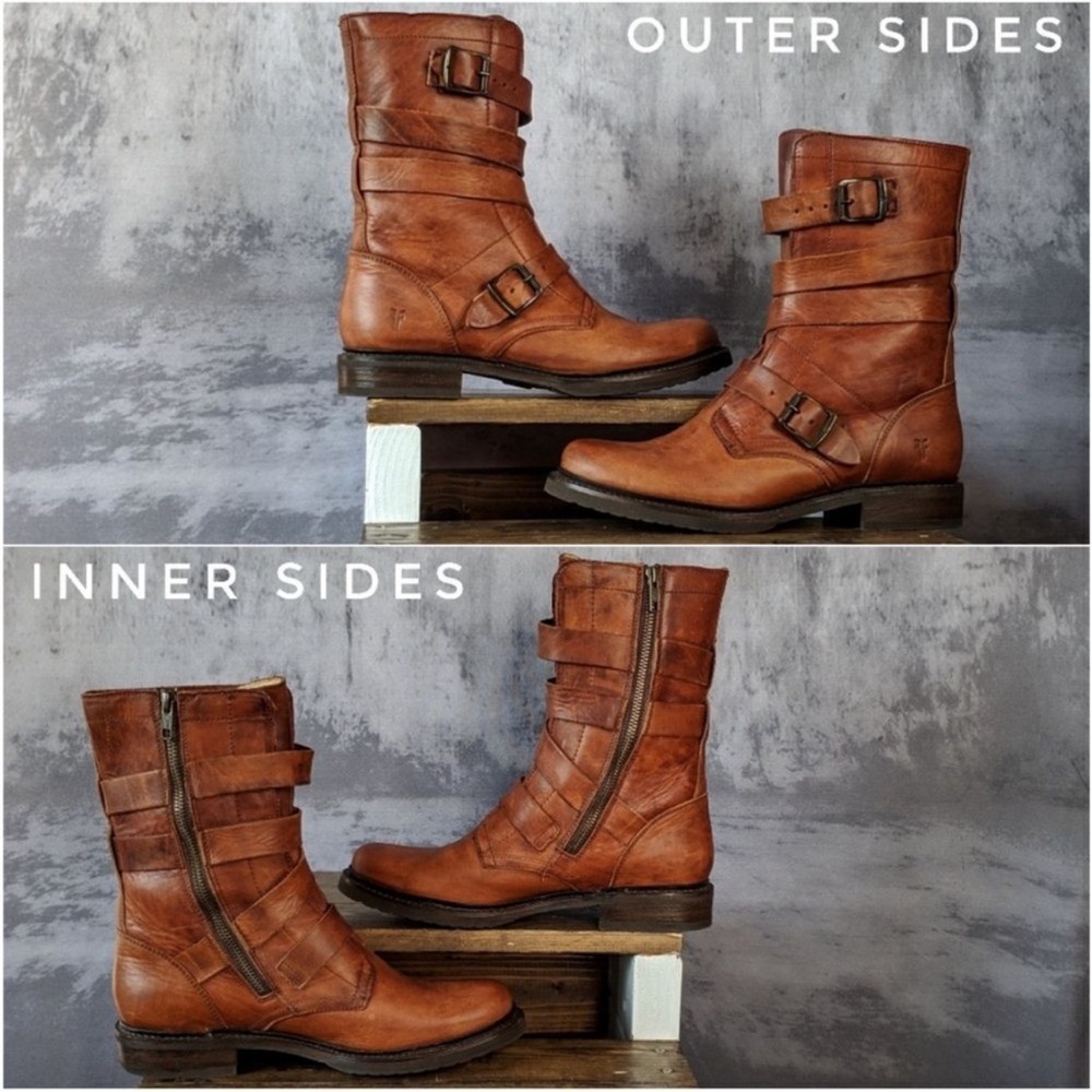 Frye Women's Tan Leather Moto Boots - Picture 6 of 8